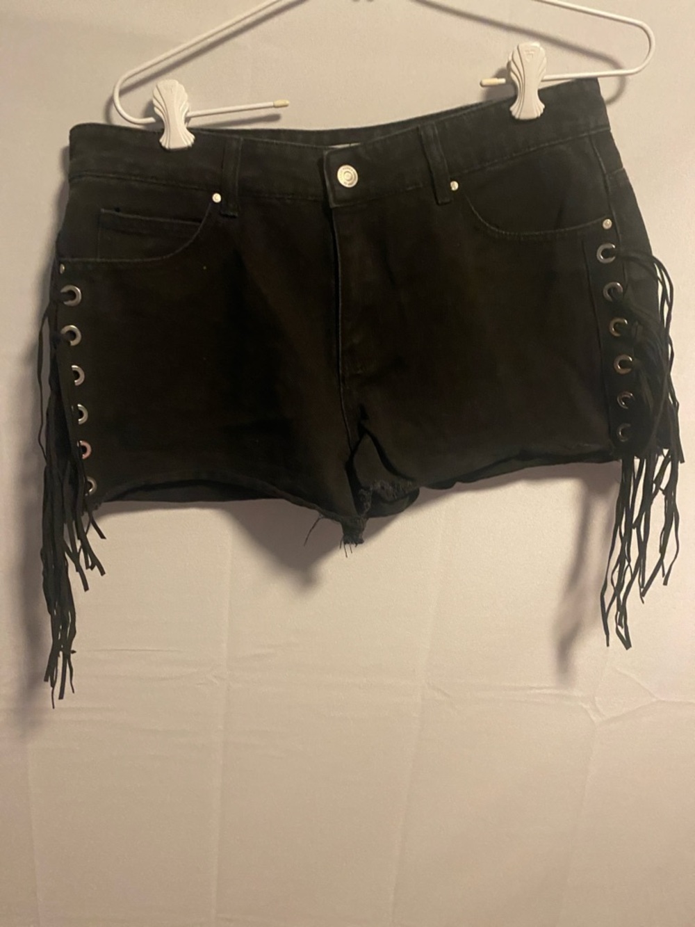 Denim&Co Black Fringe Lace-Up Jean Shorts